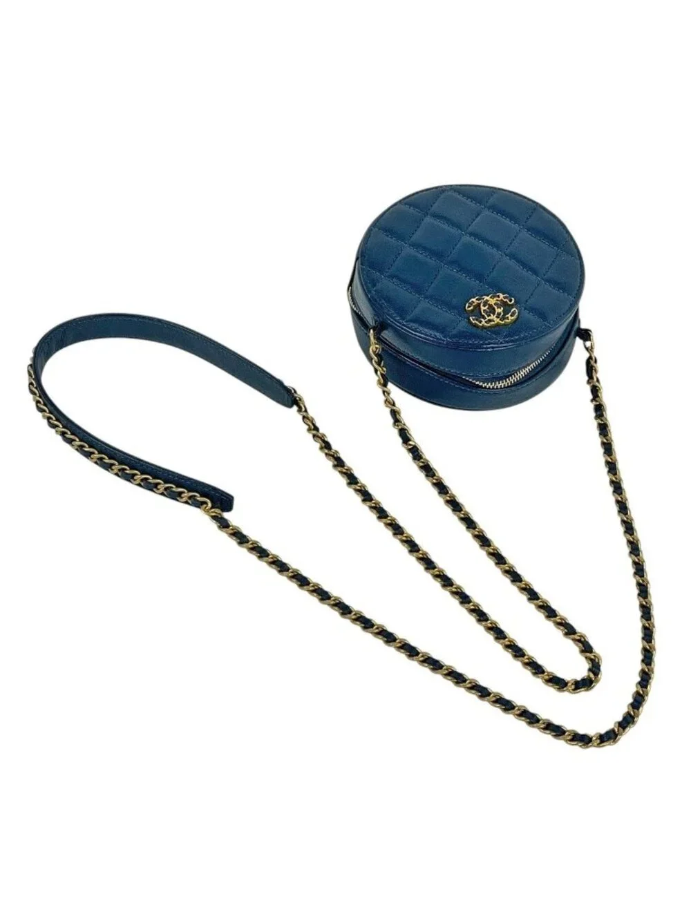 Chanel CC Logo Chain Shoulder Bag Quilted Round Leather Blue